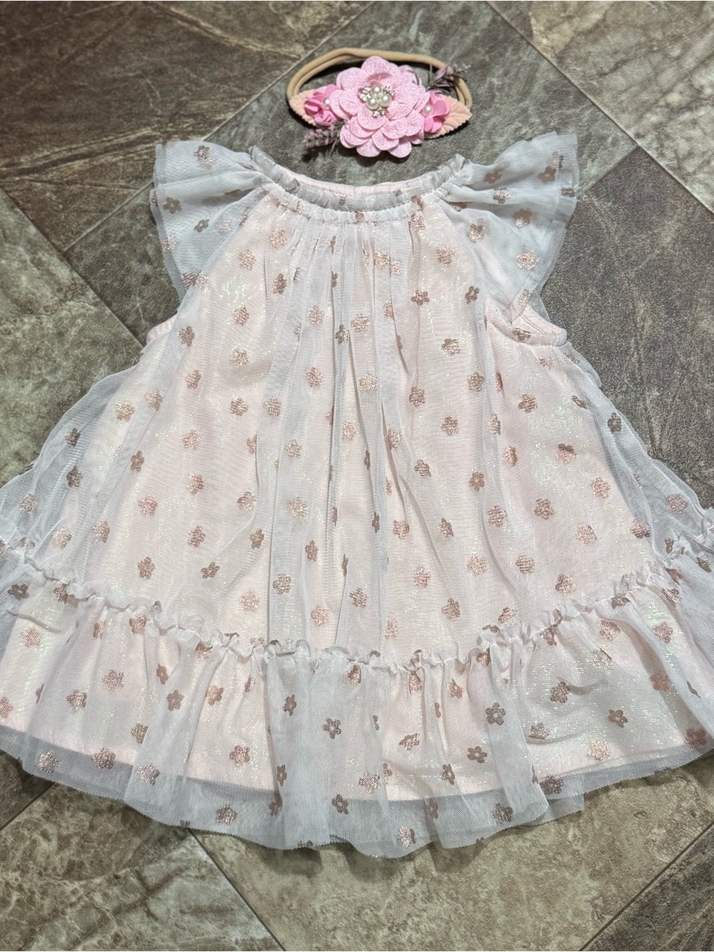 Cat & Jack Pink Tulle Baby Dress with Glitter Floral Trim